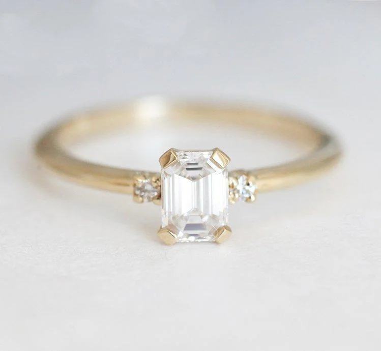 Topaz gem engagement rings-Sleek & Simple Emerald-Cut Diamond Ring With Side Diamonds