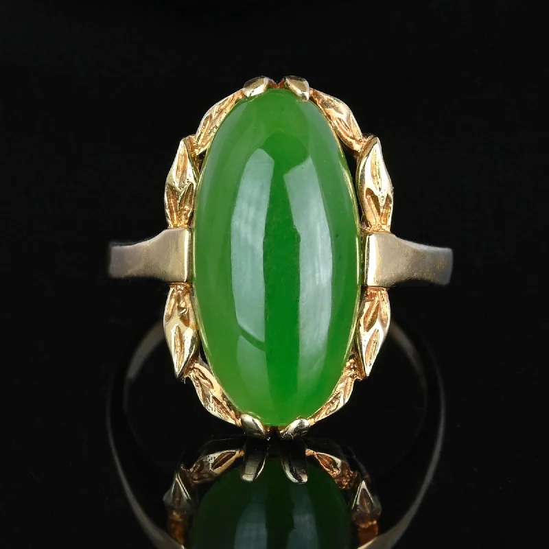 Subtle accent rings-Vintage Gold Leaf Oval Natural Jade Cabochon Ring