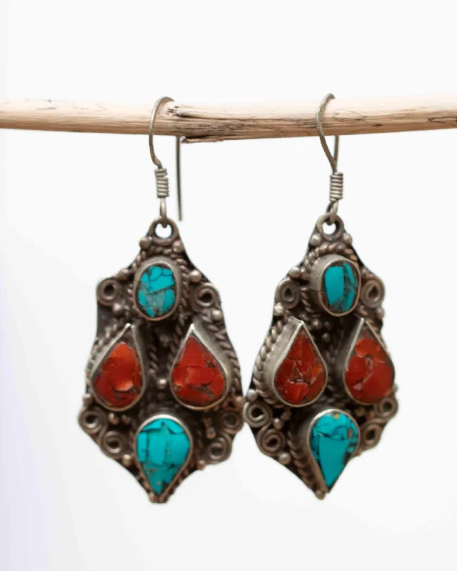 Worn medallion earrings-Bianca Turquoise Tibetan Earrings ~German Silver ~ SME010