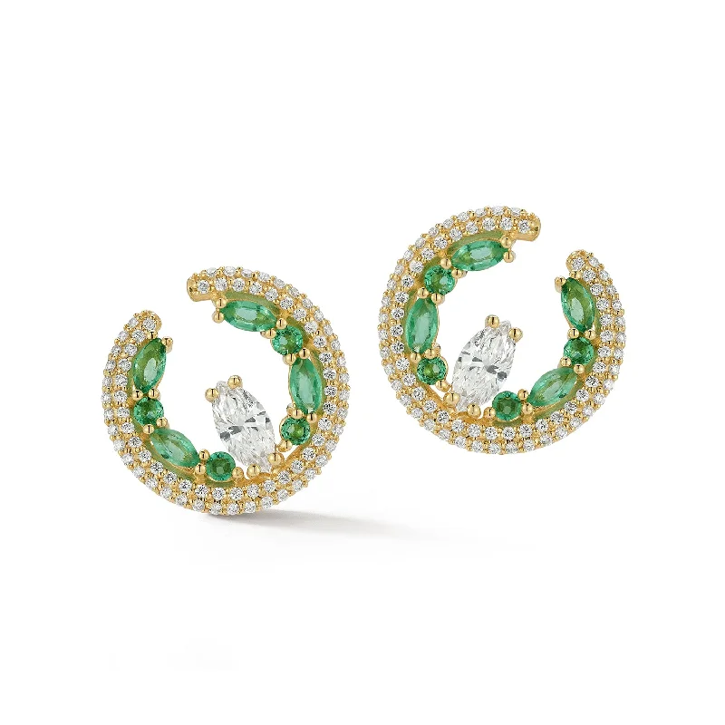 Wave drop earrings-Diamond and Emerald Crested Wave Hoops