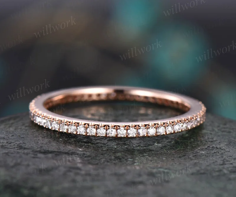 Rough band engagement rings-Real diamond ring for women 14k rose gold vintage full eternity diamond wedding band diamond jewelry bridal anniversary stacking ring band