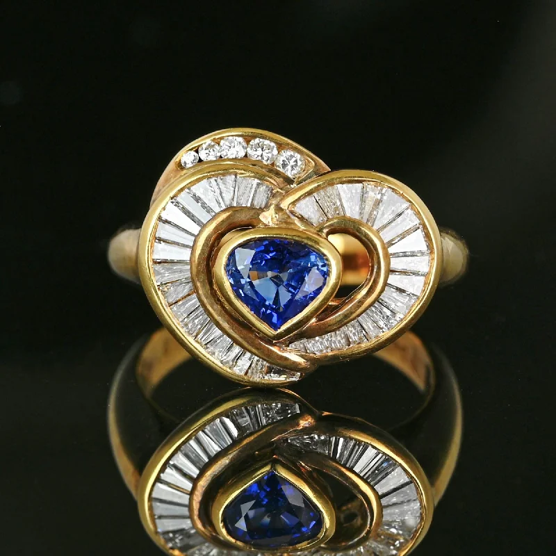 Vintage vow rings-18K Gold Baguette Diamond Heart Ceylon Sapphire Ring