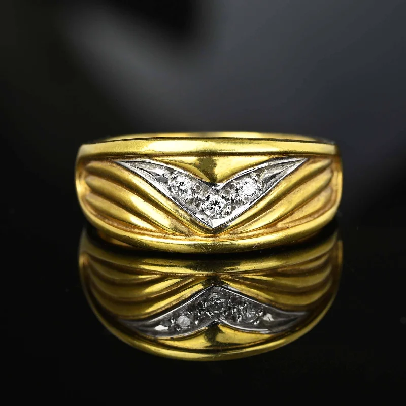 Tiny star rings-Winged Chevron Diamond Two Tone 14K Gold Ring Band