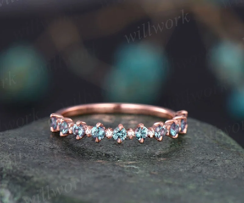 Multi-stone engagement rings-Alexandrite wedding band Vintage diamond ring for women rose gold half eternity diamond wedding ring band unique bridal anniversary ring