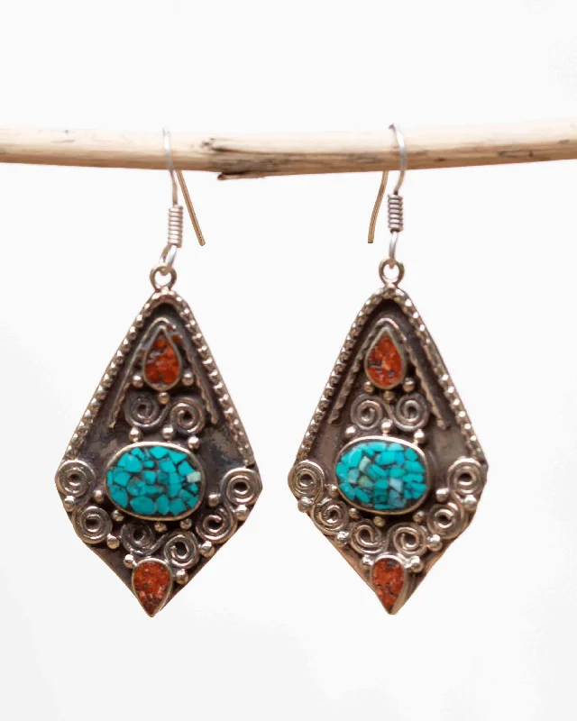 Tide design earrings-Amanda Turquoise Tibetan Earrings ~ German Silver ~ SME051