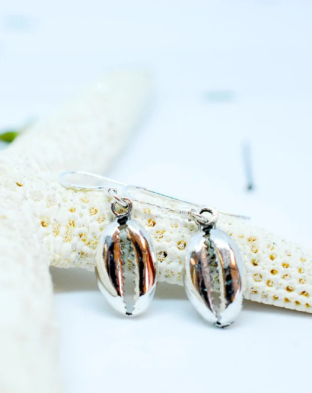 Cotton cord earrings-Cowrie Shell Drop Earrings  ~Sterling Silver 925~ME006