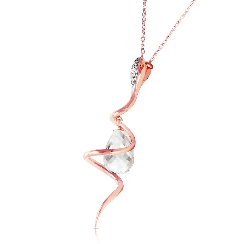 Silk cord necklaces-14K Solid Rose Gold Snake Necklace with Dangling Briolette White Topaz & Diamond