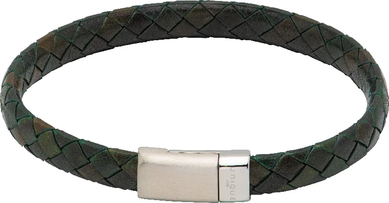 Unique & Co Matte & Polished Magnetic Steel Clasp Dark Green Leather Bracelet