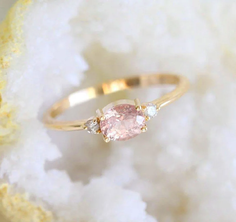 Open frame engagement rings-Keya Peach Sapphire Diamond Ring