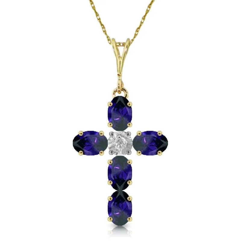 Light filigree necklaces-1.88 Carat 14K Solid Gold Cross Necklace Natural Diamond Sapphire