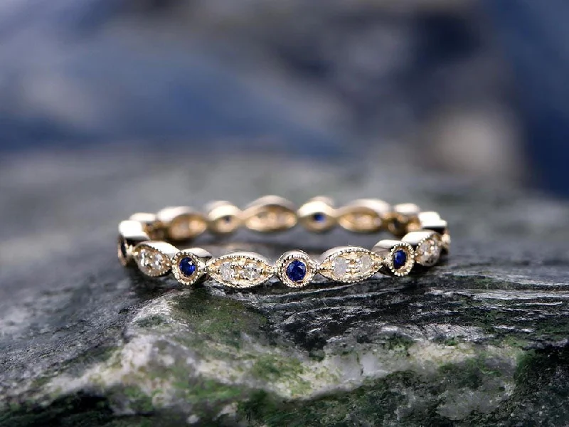 Light clay engagement rings-Blue Sapphire wedding ring-solid 14k Yellow gold-handmade petite diamond ring-Full eternity- Matching band-tiny stones Bezel Mircro Pave