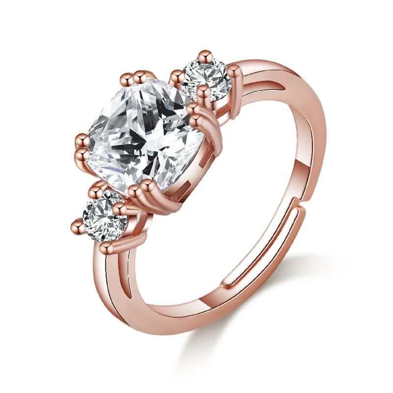 Subtle accent rings-Rose Gold Plated Adjustable Three Stone Ring Created with Zircondia® Crystals