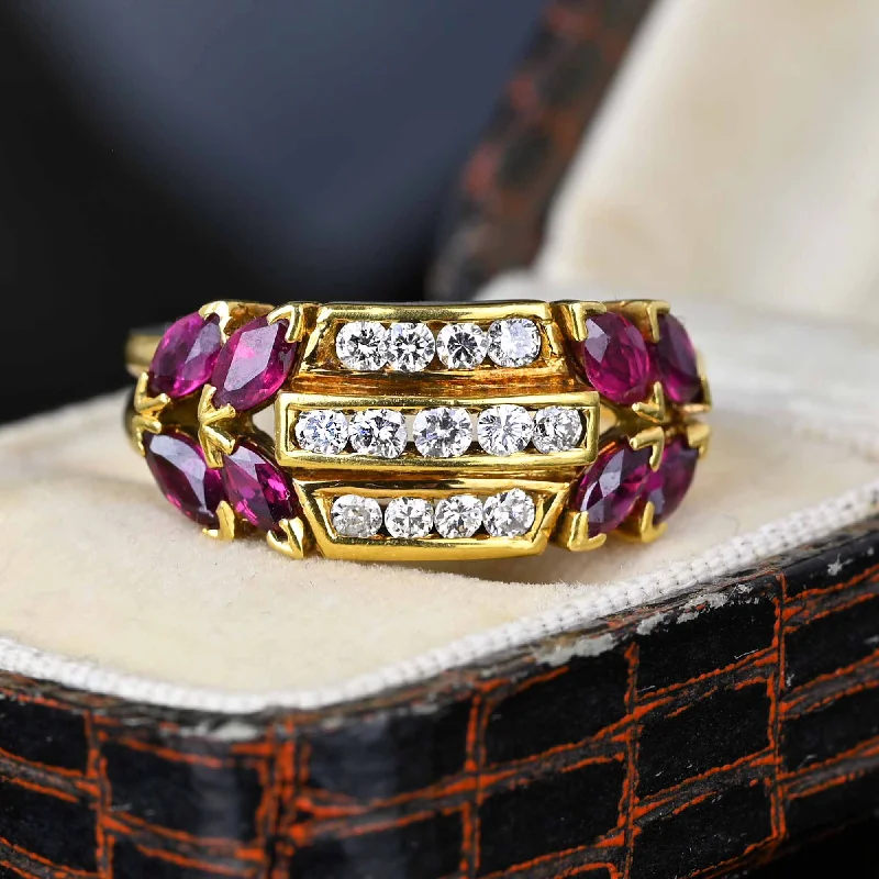 Thick gold rings-18K Gold Three Row Diamond Marquise Ruby Ring, 1940s