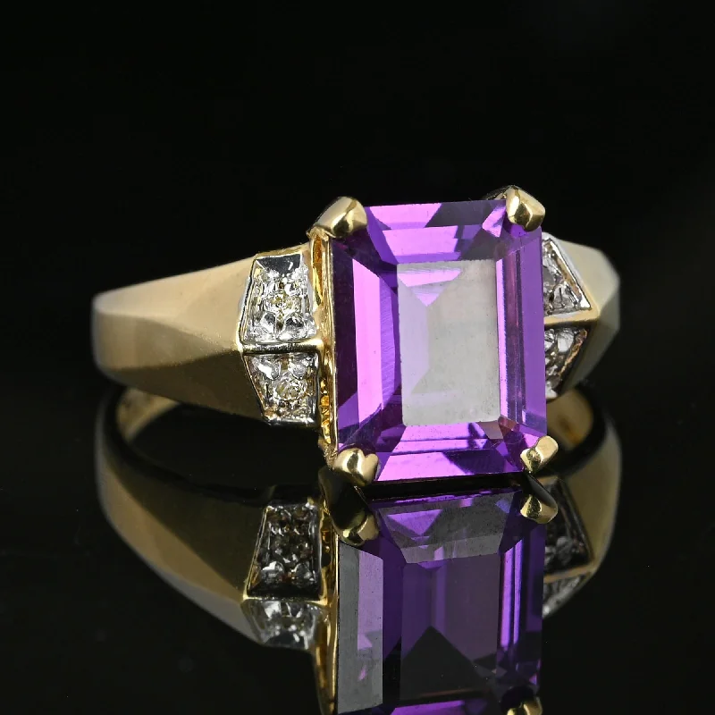 Sleek form rings-Vintage Diamond Accent Step Cut Amethyst Ring in Gold