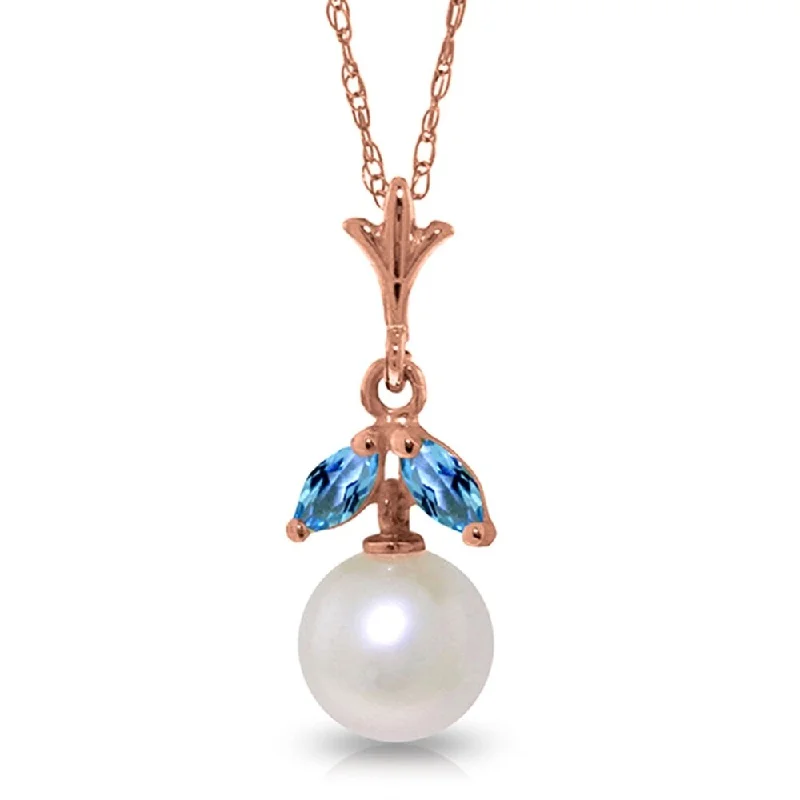 Sleek drop necklaces-14K Solid Rose Gold Necklace with Natural pearl & Blue Topaz