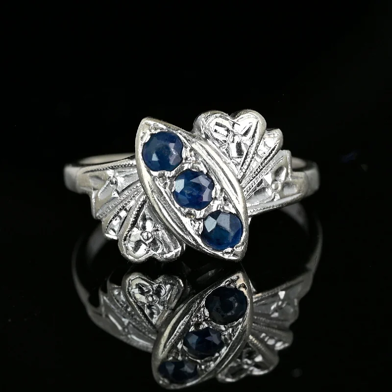 Tri-tone rings-Vintage 14K White Gold Floral Three Stone Sapphire Ring