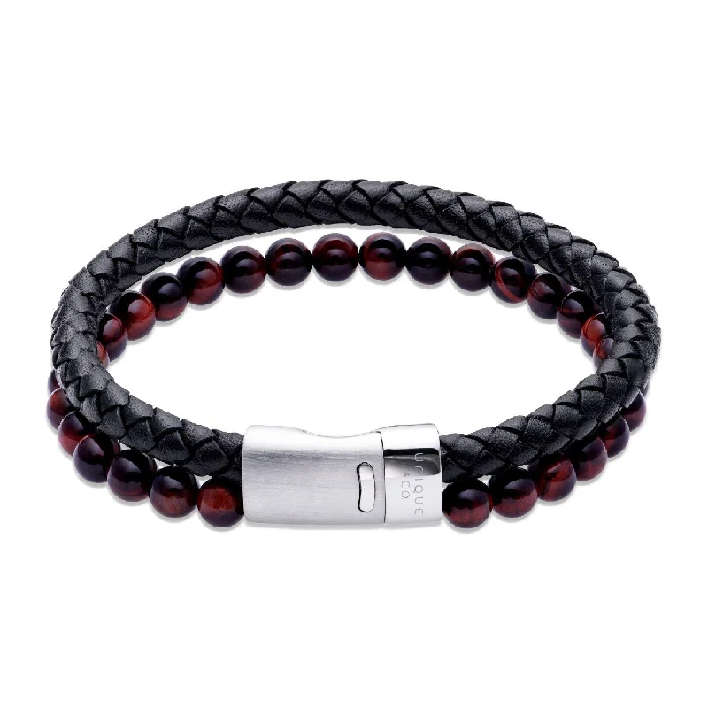 Unique & Co Black Leather Bracelet With Red And Brown Beads