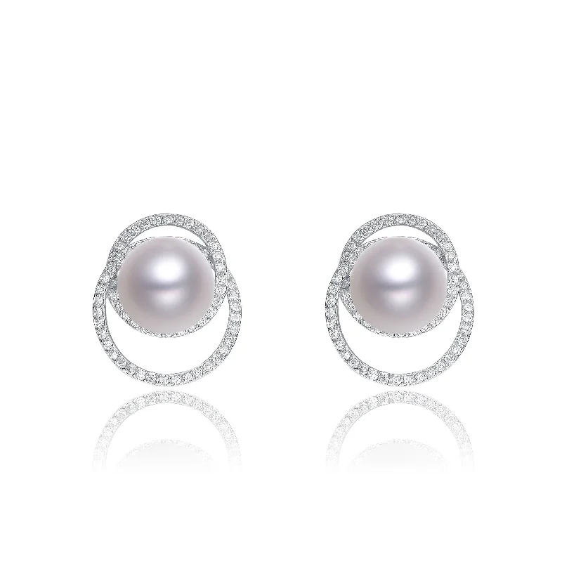 Cotton cord earrings-Cubic Zirconia Sterling Silver Rhodium Plated Round Pearl Earrings