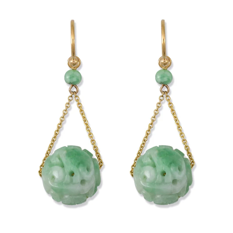 Whimsical pair earrings-Carved Jade Bead Dangle Earrings