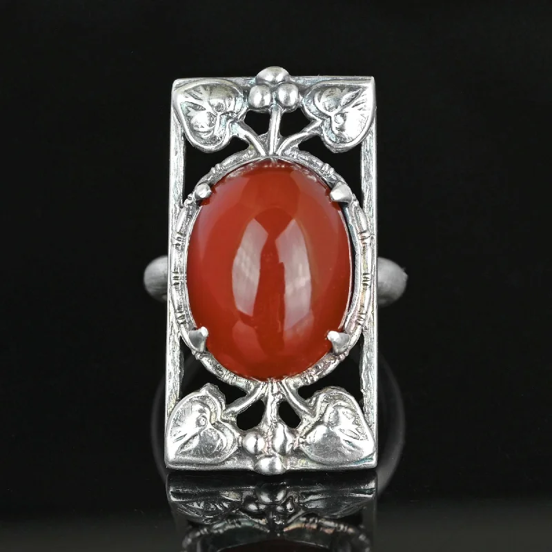 Cedar grain rings-Berry and Leaf Arts & Crafts Silver Cabochon Carnelian Ring