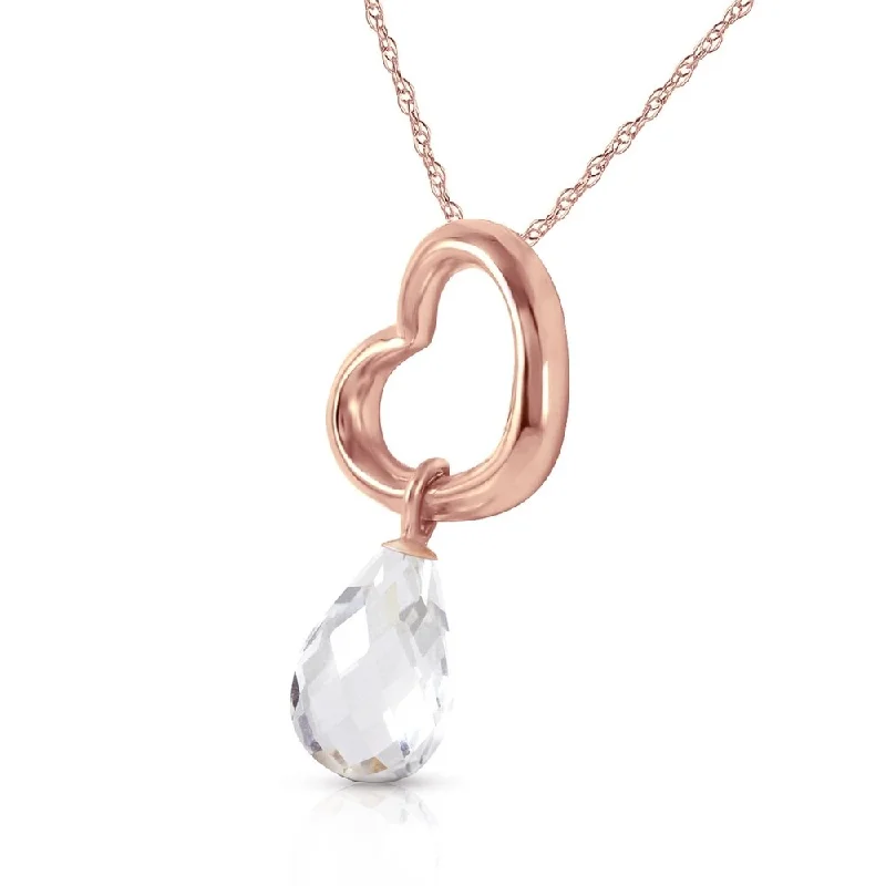 Topaz drop necklaces-14K Solid Rose Gold Heart Necklace with Dangling Natural White Topaz