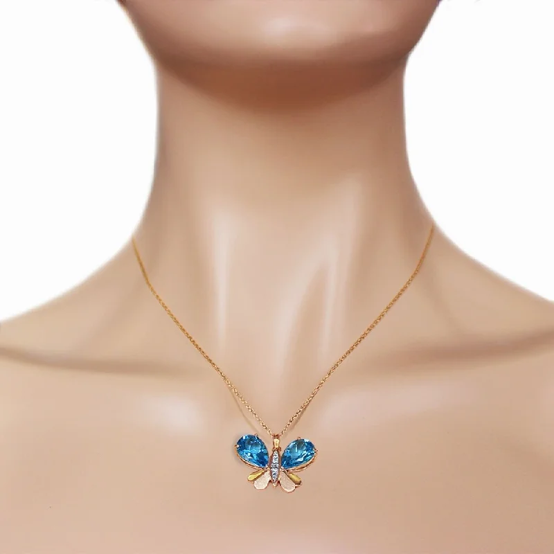 Light wood necklaces-14K Solid Rose Gold Batterfly Necklace with Natural Diamonds & Blue Topaz