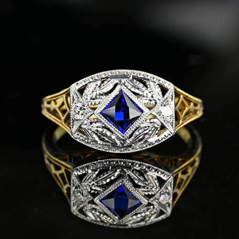 Full moon rings-Art Deco Gold Filigree Diamond French Cut Sapphire Ring