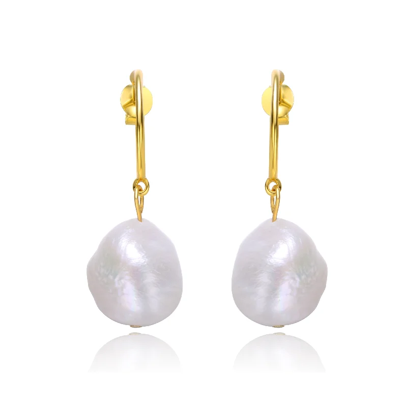 Subtle dangle earrings-Sterling Silver 14k Yellow Gold Plated with Baroque Oval White Pearl Dangle Drop C-Hoop Earrings