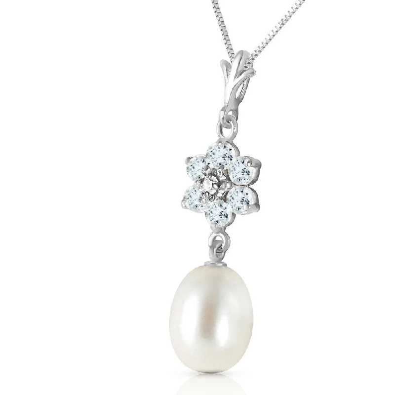 Chunky stone necklaces-4.53 Carat 14K Solid White Gold Necklace Natural pearl, Aquamarine Diamond