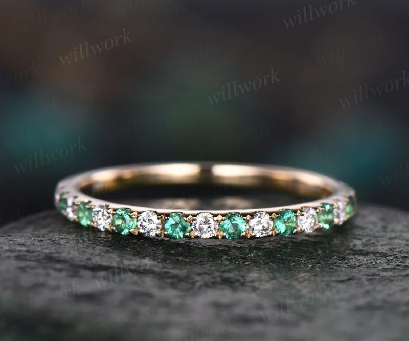 Dainty stack engagement rings-Natural emerald wedding band half eternity diamond wedding ring band diamond ring vintage gold women anniversary ring May birthstone ring