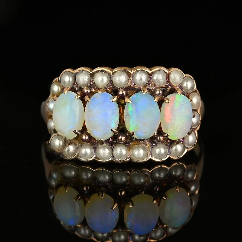 Morganite rings-Antique Victorian 14K Gold Pearl Halo Opal Ring, East West