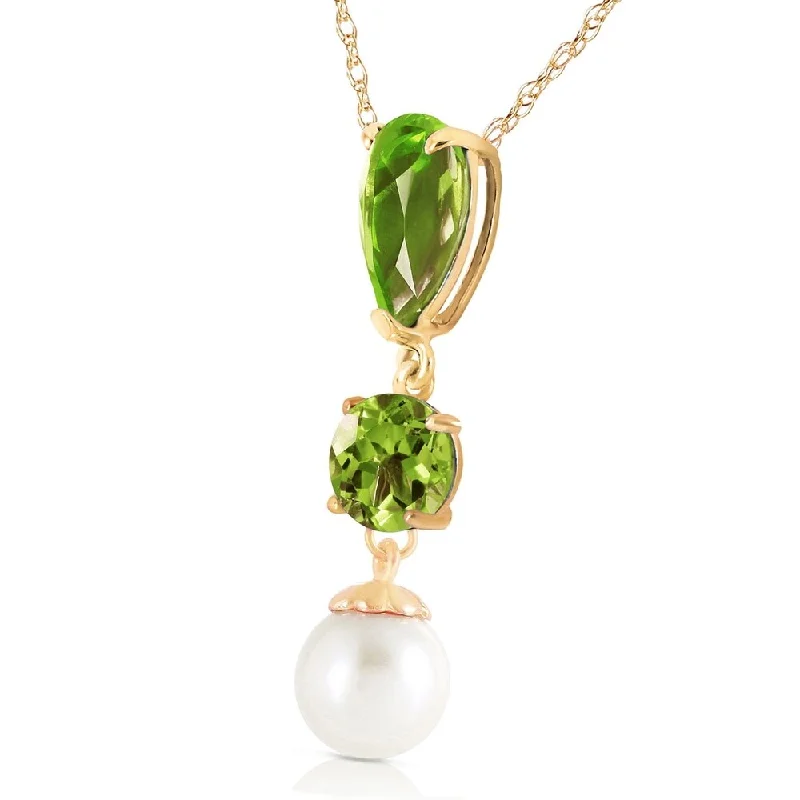 Multi-strand necklaces-5.25 Carat 14K Solid Gold Flaming Heart Peridot Pearl Necklace