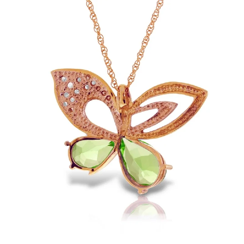 Layered link necklaces-14K Solid Rose Gold Batterfly Necklace with Natural Diamonds & Peridots