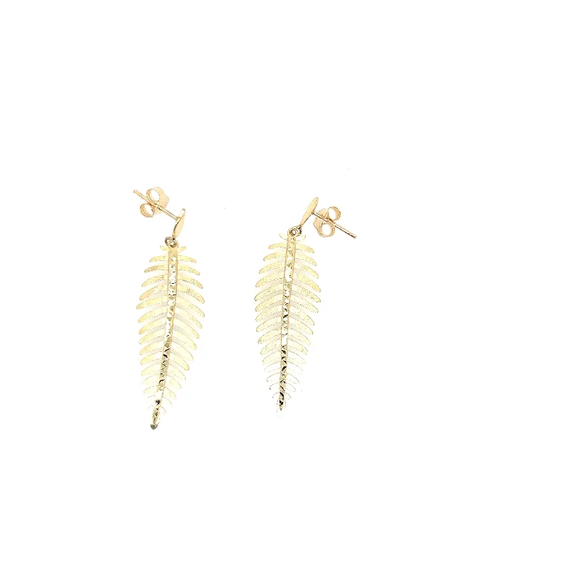 Thin pearl earrings-14K Yellow Gold Feather Earrings