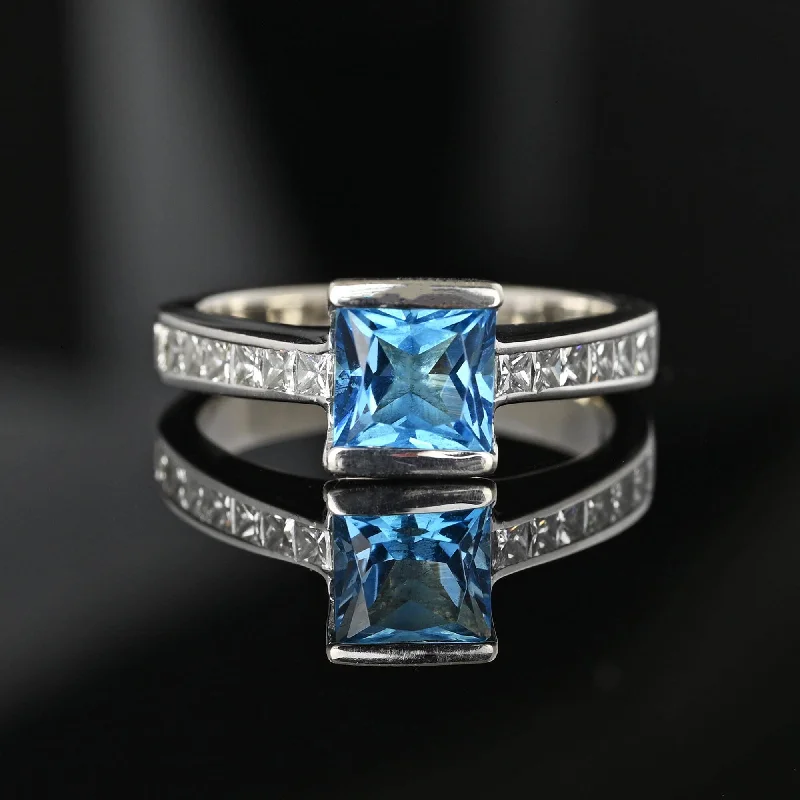 Astro birthstone rings-1 Carat Princess Cut Diamond Blue Topaz Ring 14K White Gold