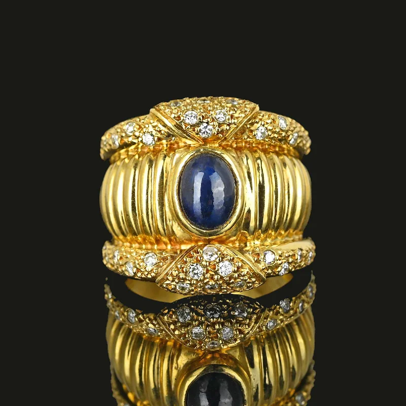 Java tile rings-Impressive Wide 18K Gold Diamond Sapphire Ring Band