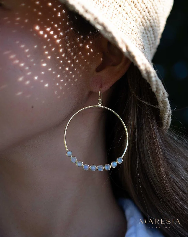 Half moon earrings-Moonstone Large Round 18k Gold Plated Earrings ~ ME211