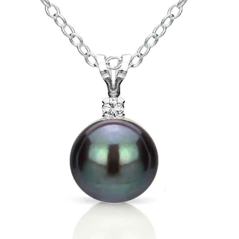 Lapis drop necklaces-DaVonna Silver Black FW Pearl and Diamond Pendant Necklace (8-8.5 mm)