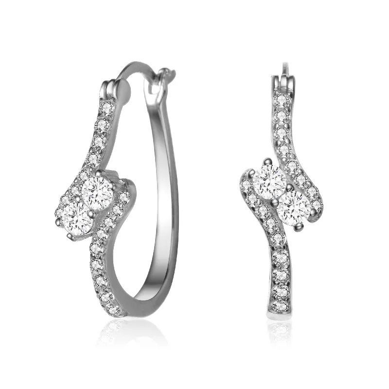 Woven cord earrings-Sterling Silver with Rhodium Plated Clear Round Cubic Zirconias Pave Set Modified Hoop Earrings