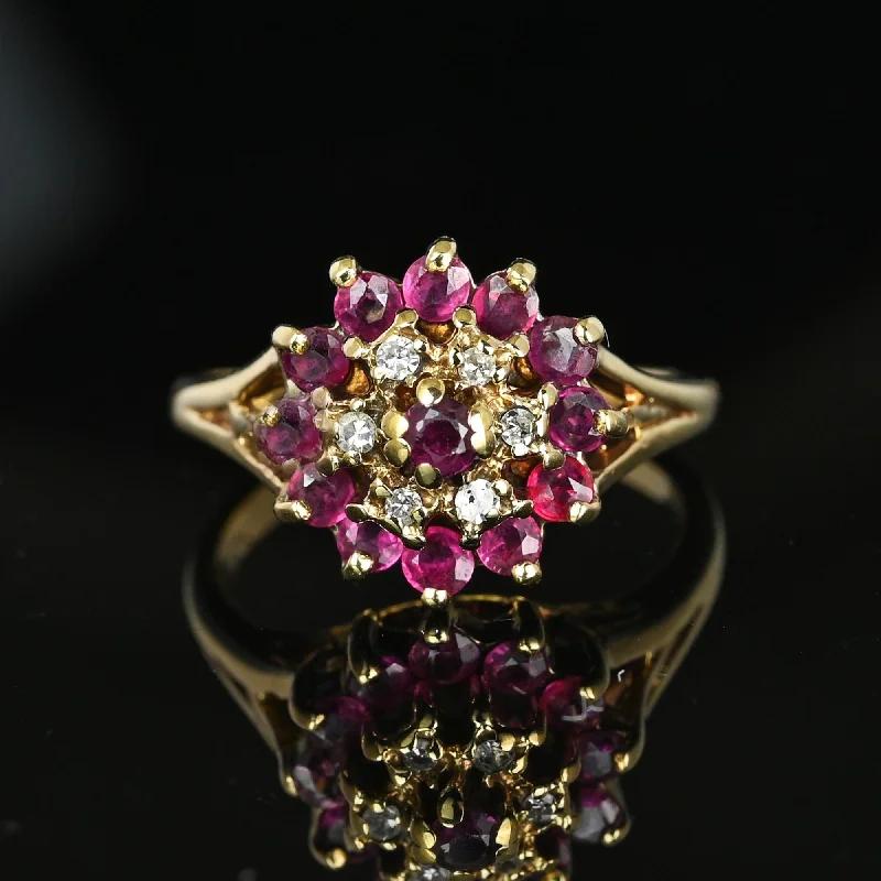 Tiered design rings-Vintage Diamond Ruby Cluster Harem Style Ring in Gold