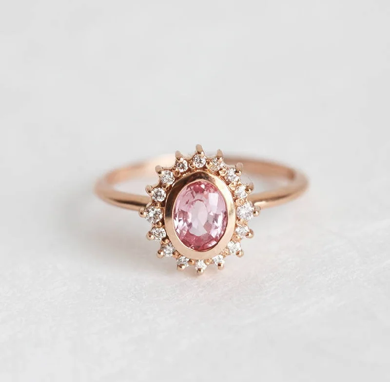 Vibrant enamel engagement rings-Angie Peach Pink Sapphire Diamond Ring