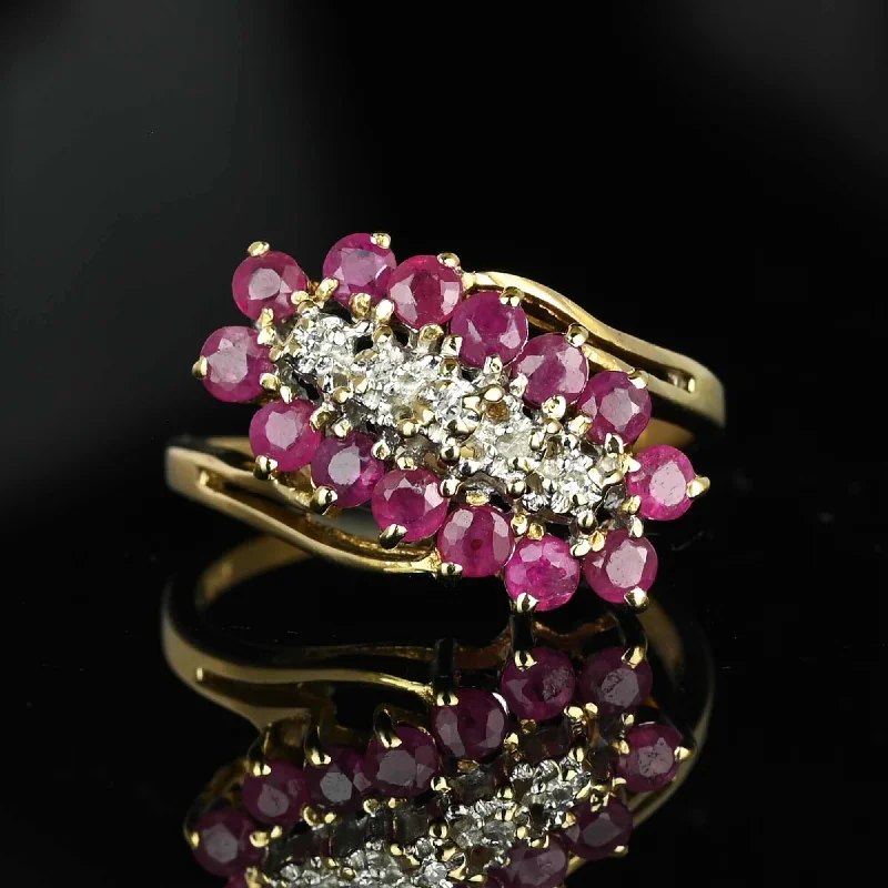 Radiant star rings-Vintage 10K Gold Bypass Diagonal Diamond Ruby Cluster Ring