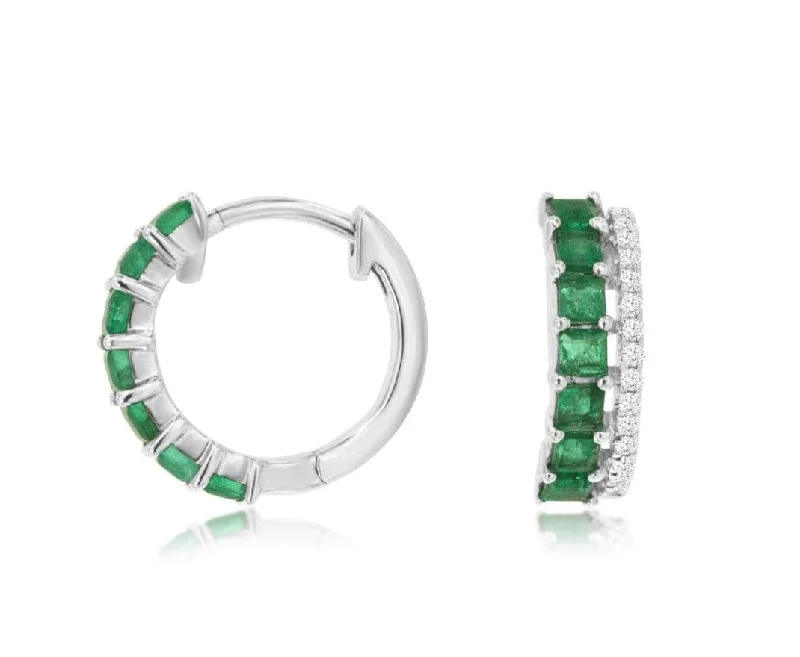 Tiny heart earrings-14k white gold emerald and diamond hinged hoop