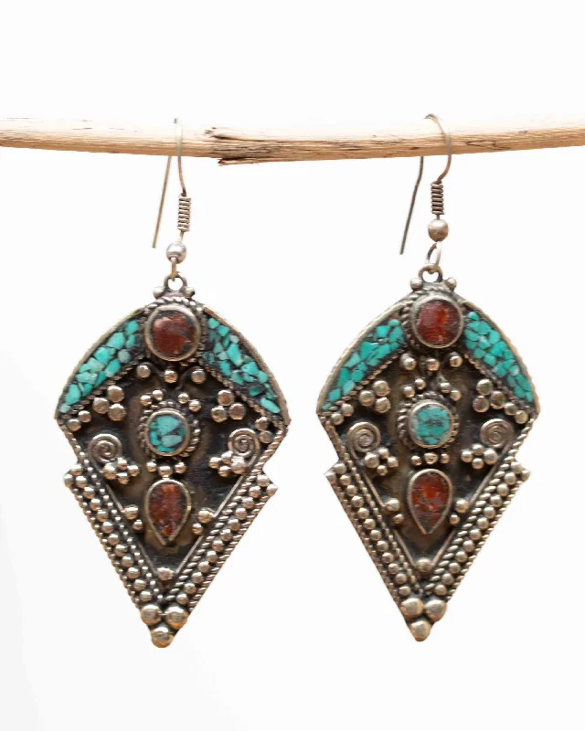 Vivid druzy earrings-Anne Turquoise Tibetan Earrings ~ German Silver ~ SME045