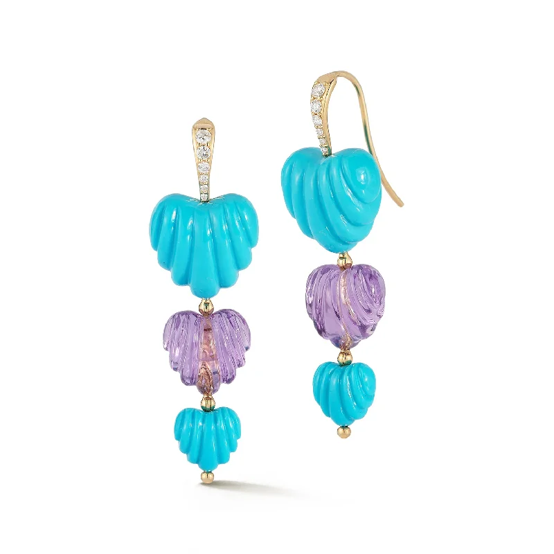 Alloy metal earrings-Triple Amethyst and Turquoise Dew Drops