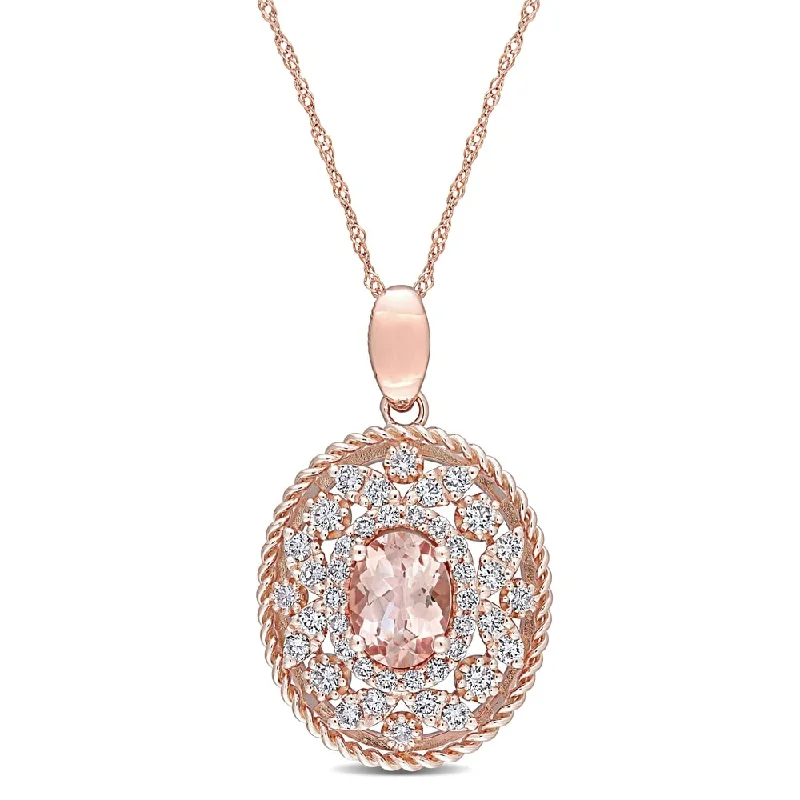 Spinel necklaces-Miadora 14k Rose Gold Morganite and 3/4ct TDW Diamond Oval Multi-Layer Halo Drop Necklace