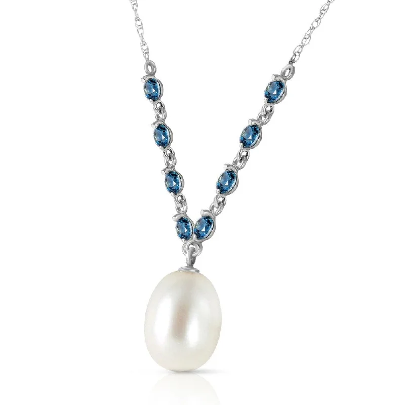 Solid link necklaces-5 Carat 14K Solid White Gold Necklace Natural Blue Topaz pearl