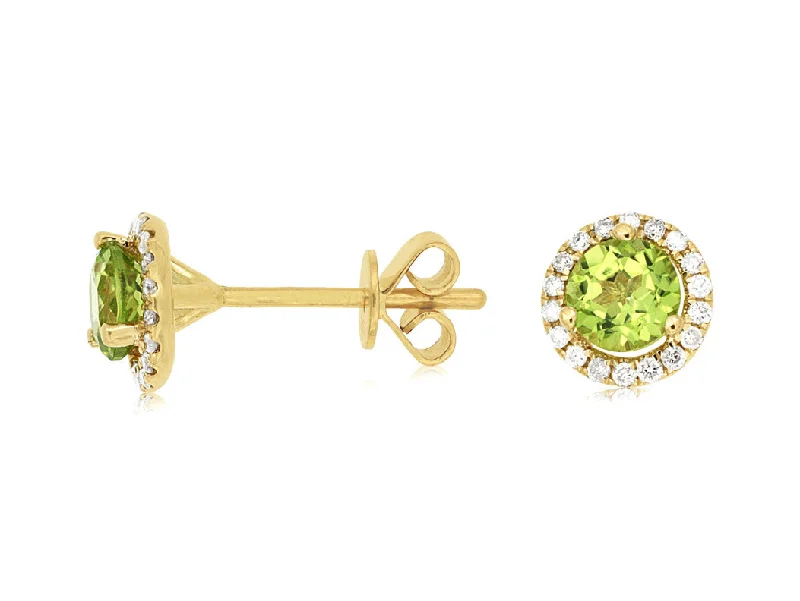 Wide statement earrings-14k yellow gold peridot and diamond bezel post earrings