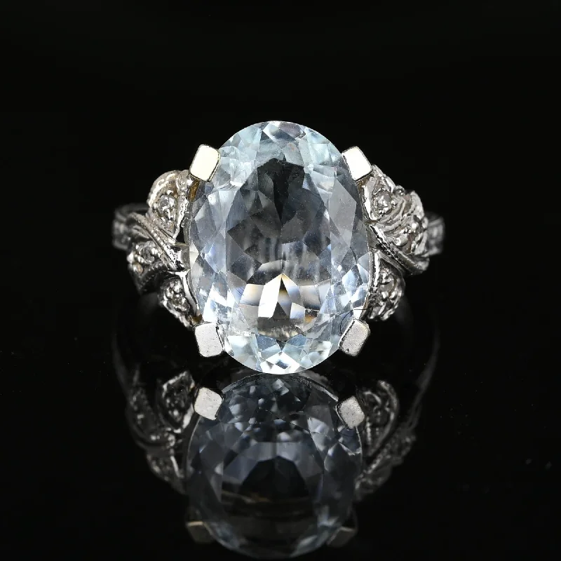 Chunky stone rings-14K White Gold Art Deco Diamond Aquamarine Ring