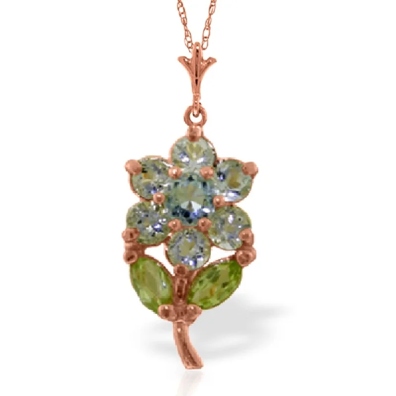 Wide bib necklaces-1.06 Carat 14K Rose Gold Flower Necklace Aquamarine Peridot